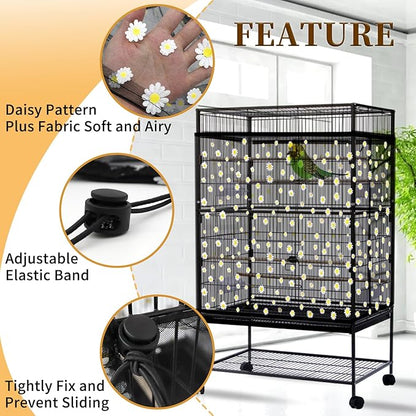 Daoeny 2PCS Bird Cage Seed Catcher, Large Bird Cage Cover, Adjustable Soft Airy Nylon Mesh, Birdcage Cover Skirt Seed Guard for Parrot Parakeet Macaw Round Square Cages (Black & White Daisy)