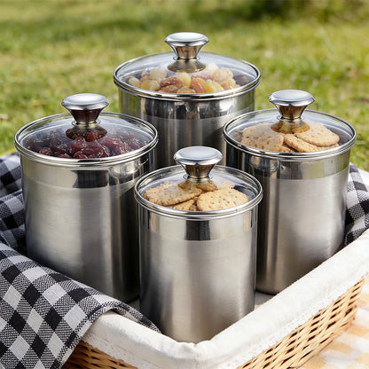 VTWTV Stainless Steel Food Canister Set 4-Piece, Airtight Kitchen Storage Containers with Lids, Metal Canisters for Flour Sugar Coffee & Pantry Organization, Rustproof & Durable Countertop Jar Set