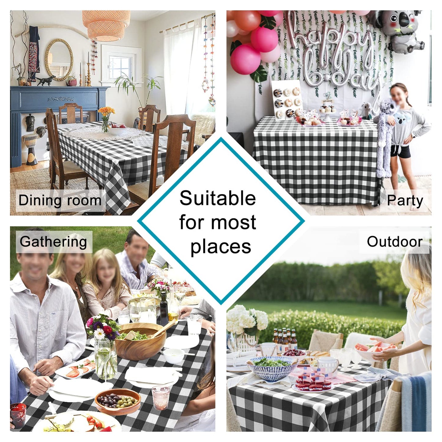 Hiasan 60 x 120 Inch Checkered Tablecloth Rectangle - Stain Resistant, Spillproof and Washable Gingham Table Cloth for Outdoor Picnic, Kitchen and Holiday Dinner, Black and White