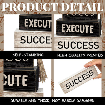 Yuntau 4 Pcs Motivational Desk Decor Wooden Office Decor Inspirational Tiered Tray Decoration Rustic Retro Wood Bead Garland Focus Execute Success Block Sign Farmhouse Centerpiece for Home Shelf