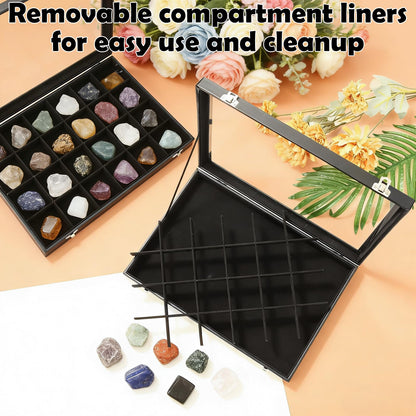Acrux7 2 Pack Rock Collection Display Case, 24 Grid Rock Display Case, Black PU Leather Rocks Collection Box with Clear Glass Lid and Soft Velvet Grids for Collectibles, Gemstone, Crystal, Small Stone