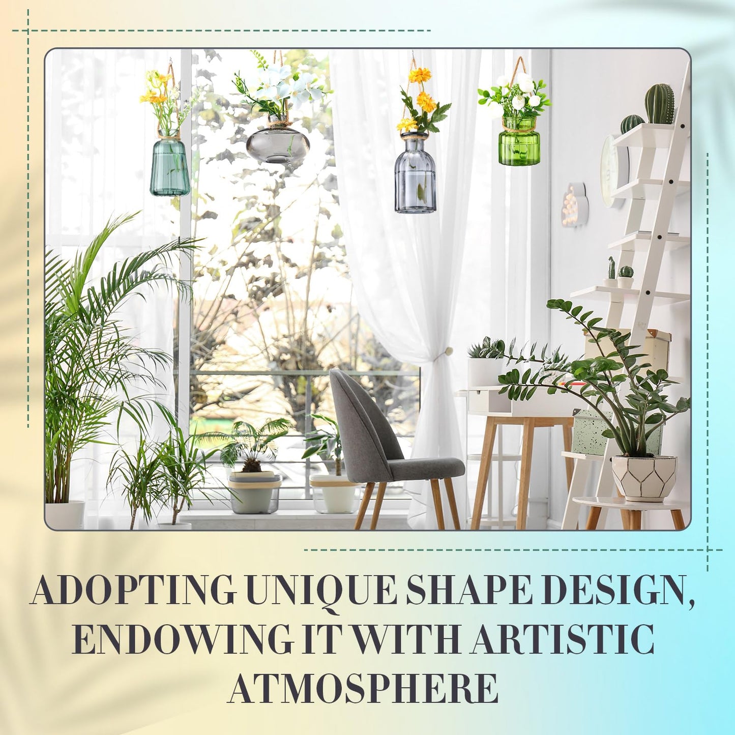 Wonderjune 4 Pcs Stained Glass Hanging Vases Hanging Glass Planters Small Plant Terrarium Pot Containers with Rope for Garden Home Indoor Outdoor Decor, 4 Styles (Artsy)