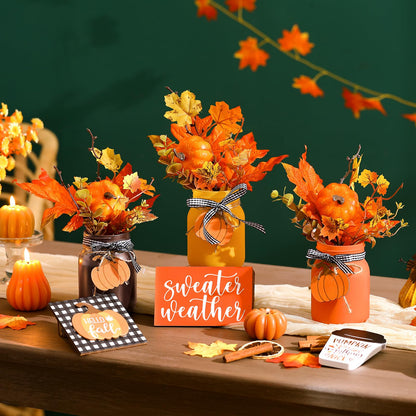 Jexine 18 Pcs Fall Mason Jar Table Centerpiece for Dining Room Mason Jar Vases Faux Floral Maple Leaves Pumpkins with Rope Wood Sign Farmhouse Tray Decor for Fall Wedding Kitchen Living Room