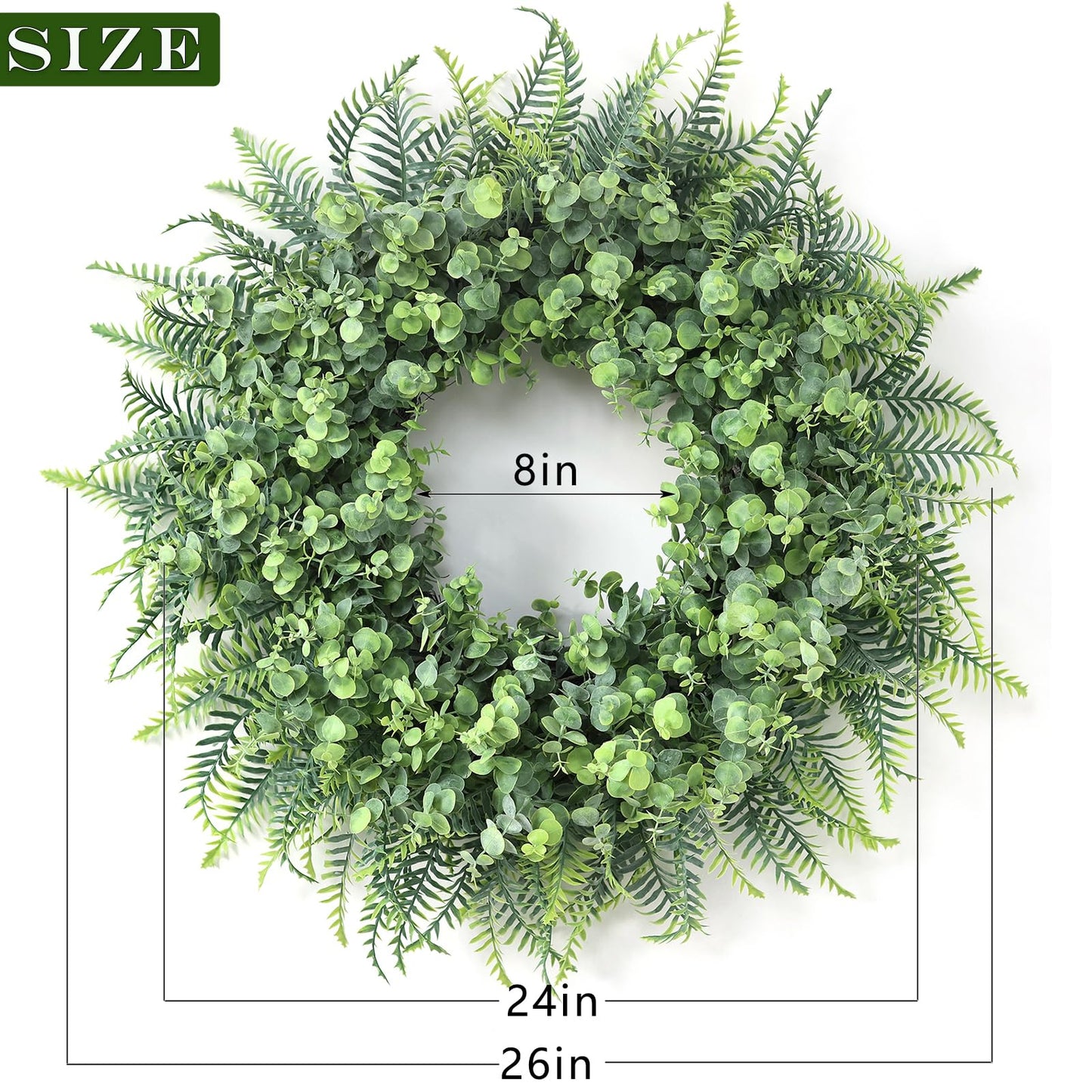 26'' Eucalyptus and Boston Ferns Wreath for Front Door - Large Artificial Greenery Outdoor Wreath for Porch,Window,Farmhouse,Home,Hanging Decor- Spring, Summer, All Seasons (Gray-Green)