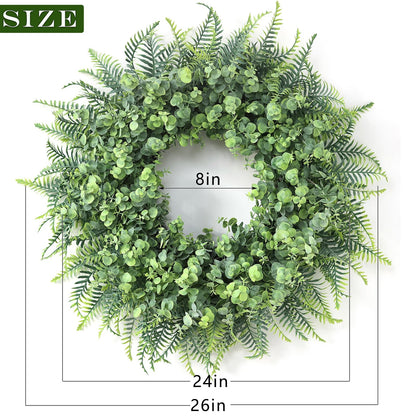 26'' Eucalyptus and Boston Ferns Wreath for Front Door - Large Artificial Greenery Outdoor Wreath for Porch,Window,Farmhouse,Home,Hanging Decor- Spring, Summer, All Seasons (Gray-Green)