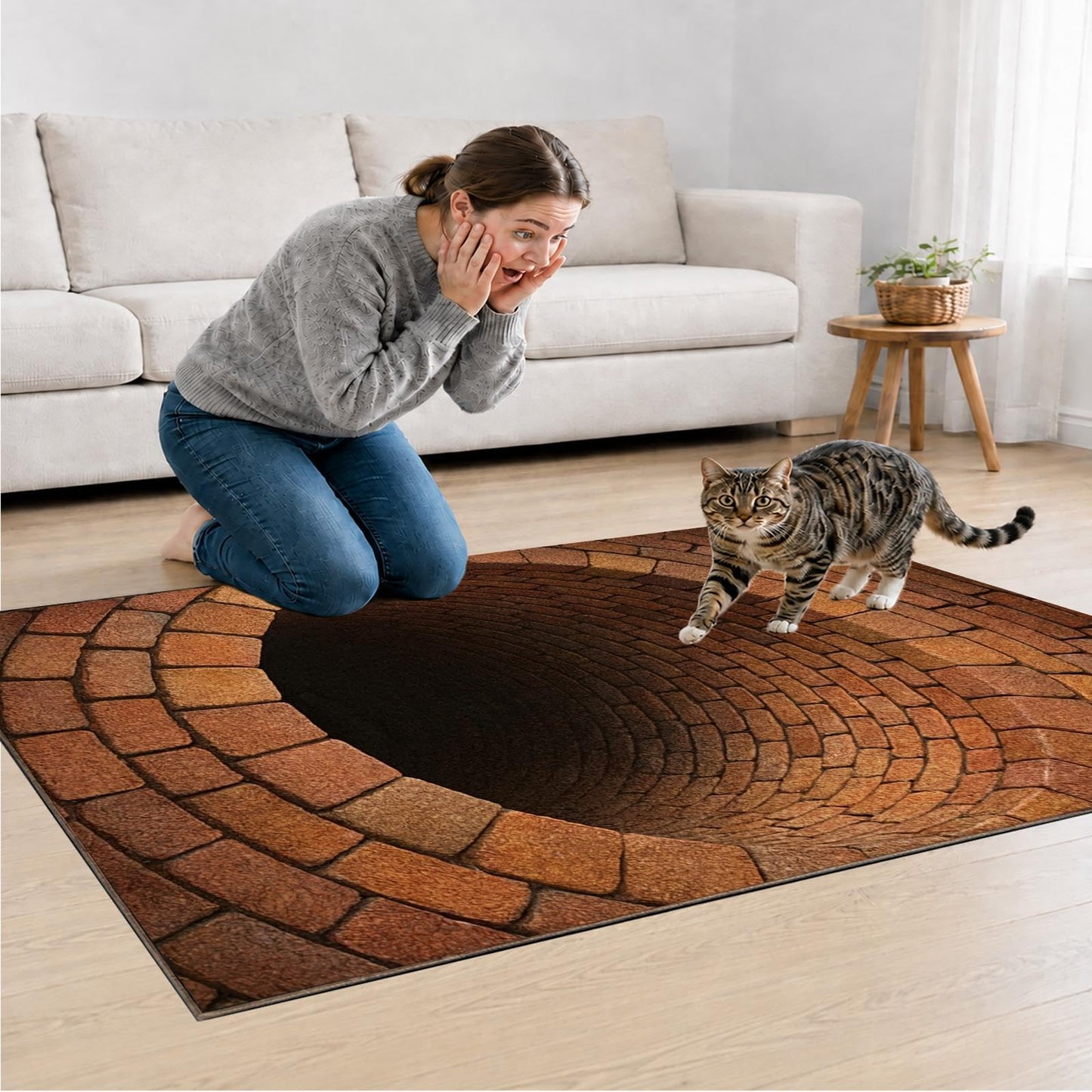 CASAVAINE 3D Optical Illusion Vortex Rug 5'x7' Realistic Brick Well Hole Design, Soft Non-Slip Washable Area Rug for Living Room, Bedroom, Game Room Decor, Fun Modern Decor