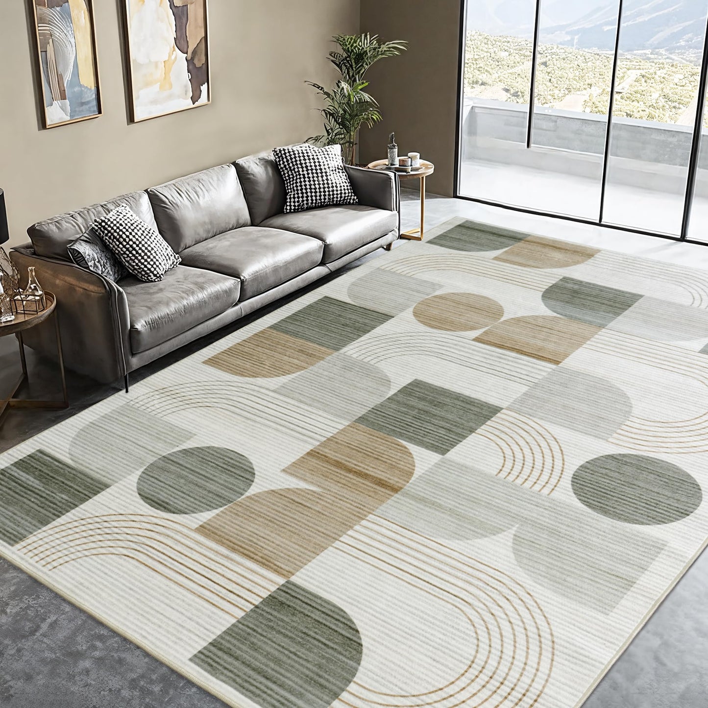 QDUIDU Large Machine Washable 8x10 Area Rug, Soft Modern Geometric Abstract Beige Rugs for Bedroom Living Room, Non-Shedding Faux Wool Indoor Throw Floor Carpet for Office Entryway Dining Room Decor