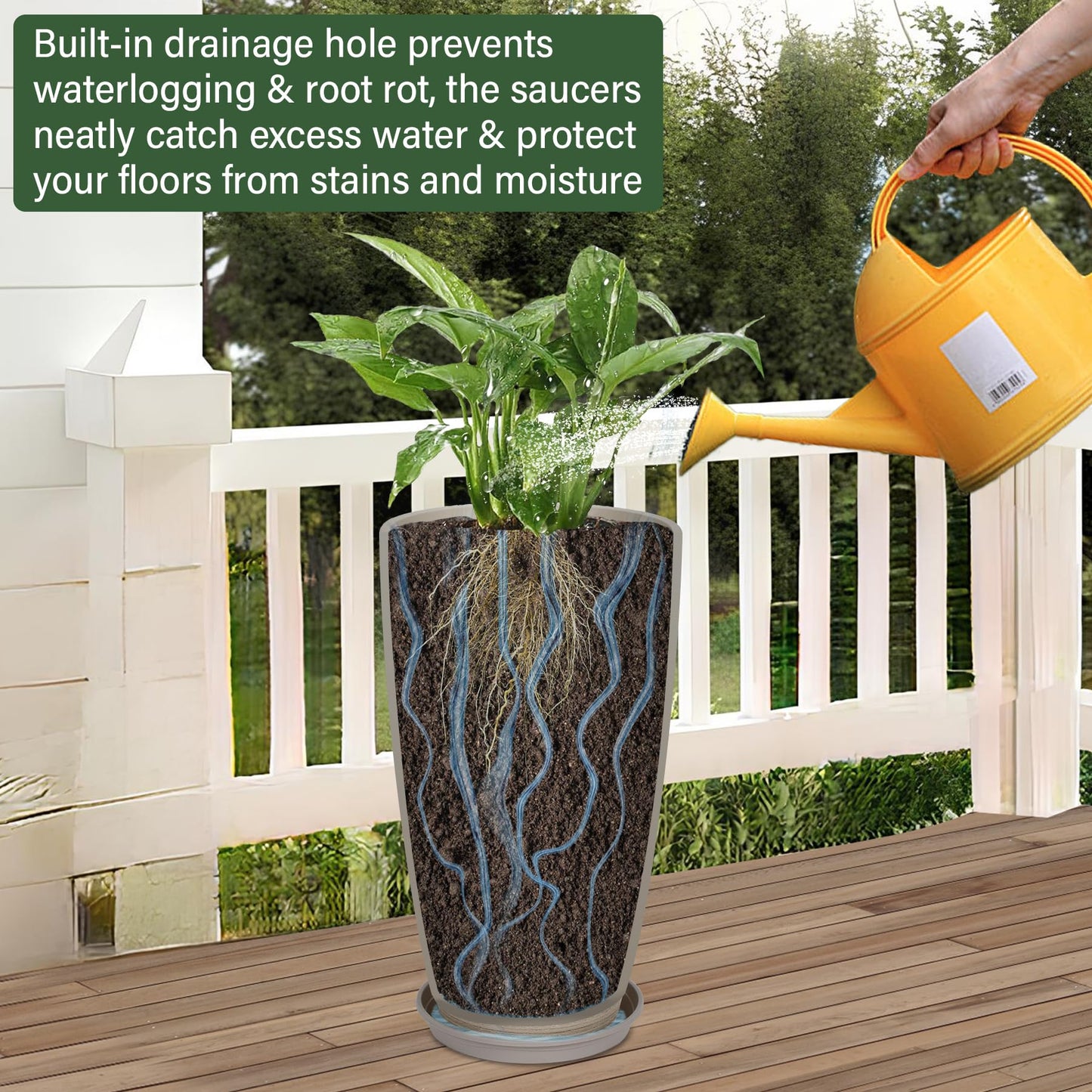 Neoaider Set of 2 Tall Planter, 21 inch Large Plastic Planter with Drain Hole & Saucers, Large Outdoor Planters for Porch, Garden, Patio, Balcony(Oat Color)