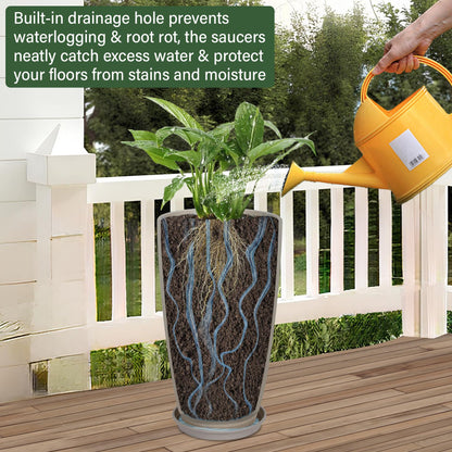 Neoaider Set of 2 Tall Planter, 21 inch Large Plastic Planter with Drain Hole & Saucers, Large Outdoor Planters for Porch, Garden, Patio, Balcony(Oat Color)