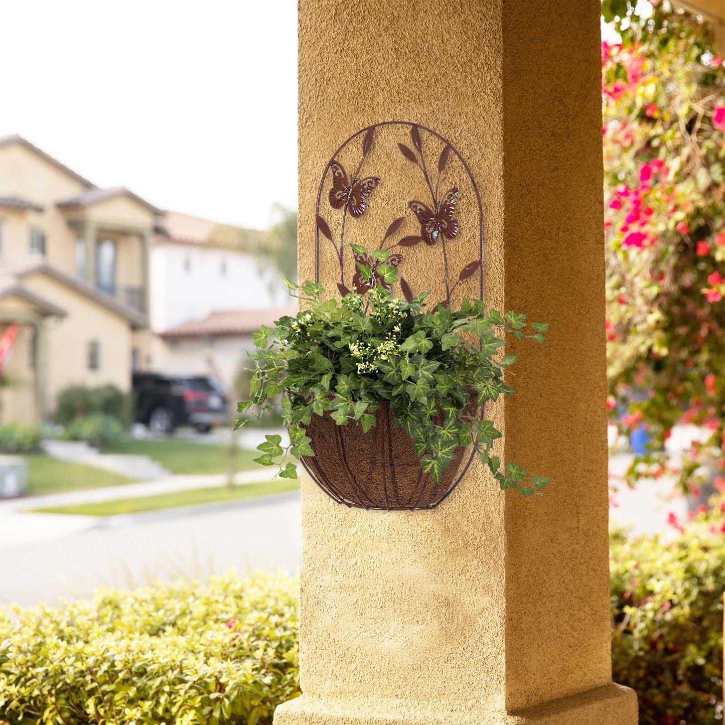 BAYN 2PKs Wall Hanging Planter Decor Art with Flower, Metal Wall Mounted Planters Indoor Outdoor Wall Planter for Succulent Herb Home Garden Yard