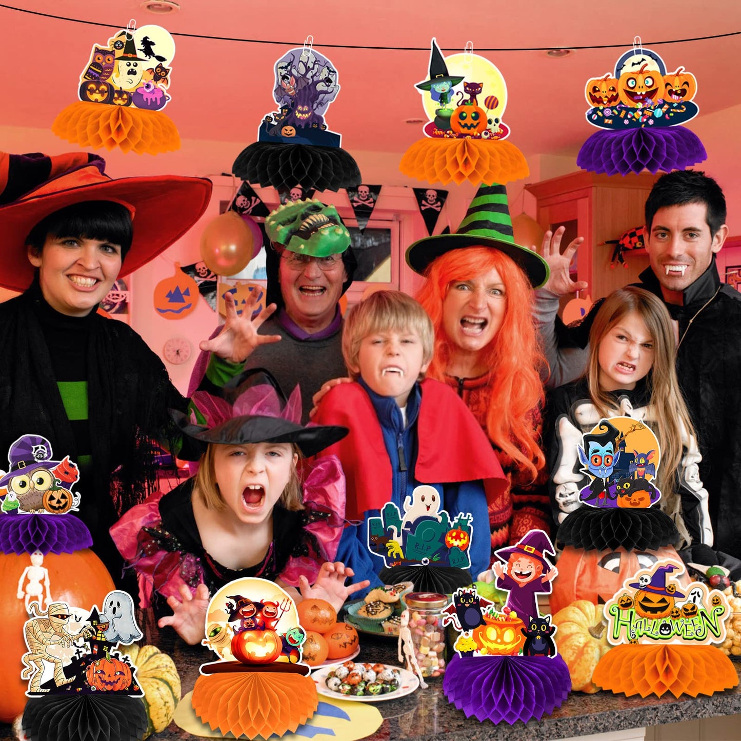 12 Pack Halloween Honeycomb Centerpieces Table Decorations,Pumpkin Ghost Witch Cat Tombstone and More Halloween Elements for Halloween Party Favors Supplies,Cute Party Home Room Table Desk Decor