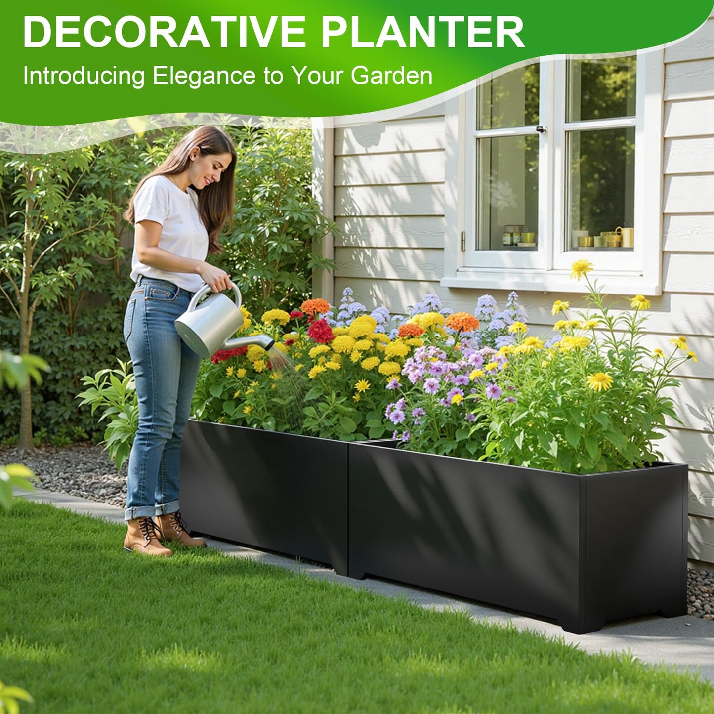 Gabviem Metal Planter Box 36" L x 15" W x 15" H, Rectangular Trough Planter Box with 6 Drainage Holes & Raised Bottom, All-Weather Garden Planter Box for Outdoor Patio/Porch, Lawn, Black