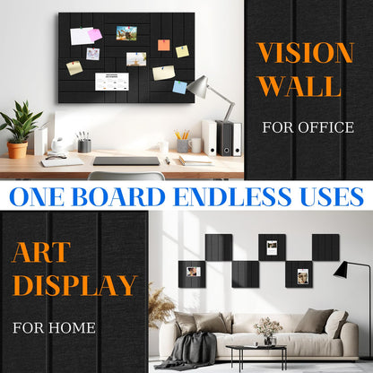 DOLLAR BOSS Felt Cork Board Tiles, 6 Packs 12" x 12" 1/2" Thick Bulletin Board Adhesive Acoustic Panels Soundproof Corkboards for Walls with 60 Pushpins for Home Office Kitchen School, Black Stripe