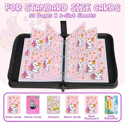 Premium 4 Pocket Trading Card Binder,400 Capacity with 50 Removable Sleeves | PU Leather Zipper Album Book for Sports Cards, Game | Card Storage & Organization for Girls Collector Rose Pink