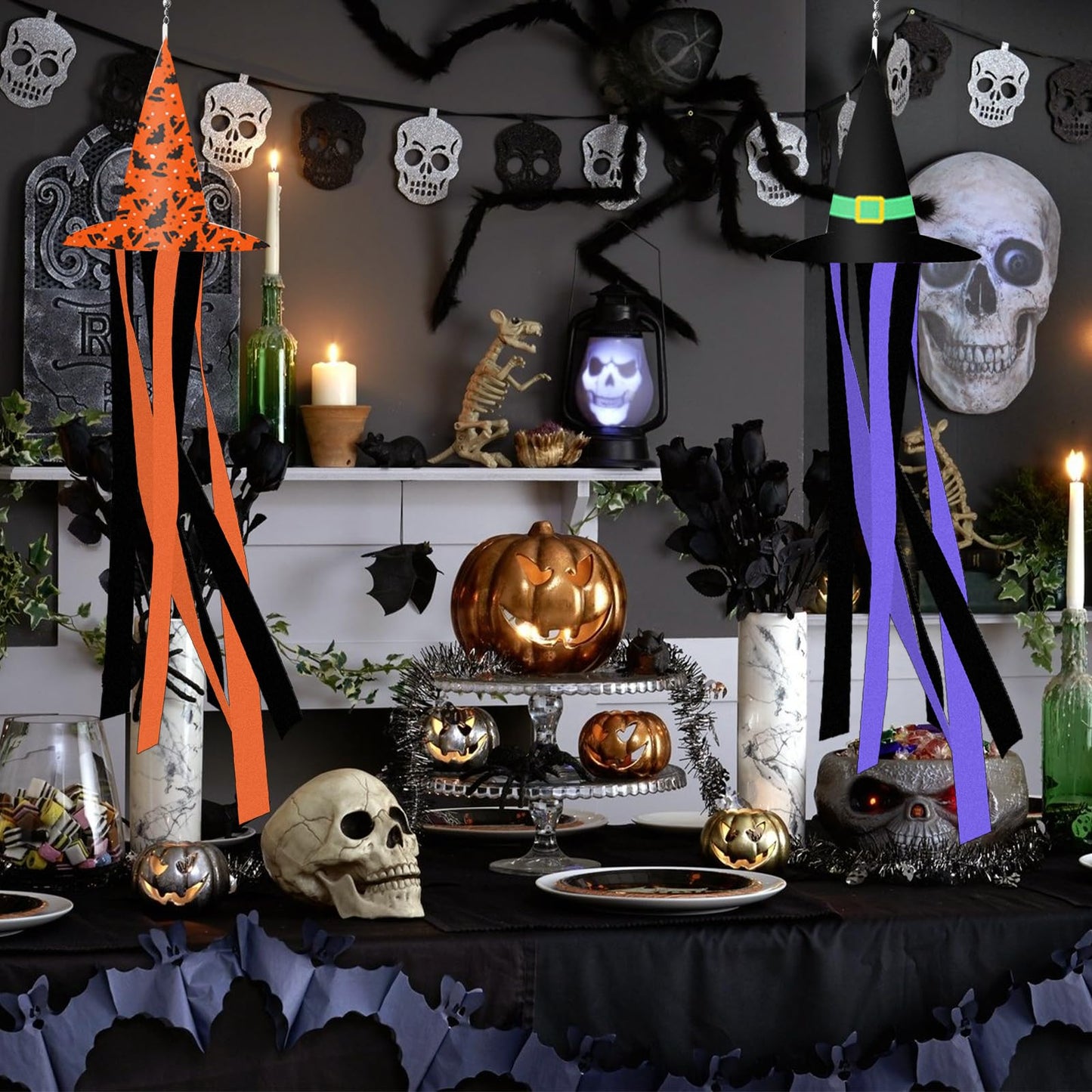 2 Pack Halloween Witch Hat Windsock Flag Decorations, 35 Inch Hanging Flying Witches Witzard Theme Parties Supplies Spooky Cartoon Wind Socks for Yard Patio Garden Pathway Tree Indoor Outdoor Decor