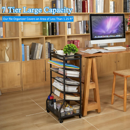 ThreeHio 7 Tier Rolling File Cart with Sliding Trays, Wood Metal File Organizer Beside Desk, Free-Standing File Holder, Paper Letter Tray Organizer Mesh Desk Organizer for Home Office School (Patent)