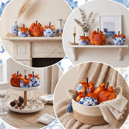 Frienda 3 Pcs Blue White Orange Fabric Pumpkins Chinoiserie Thanksgiving Decor Rustic Pumpkins Blue and White Porcelain Faux Fall Decor for Autumn Harvest Farmhouse Wedding Table Centerpiece Mantel