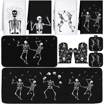 Fourluoo 10 Pcs Skeleton Kitchen Set Kitchen Towels and Rugs Oven Mitts and Pot Holders Gothic Decor and Accessories for Gift Cooking Baking Grilling
