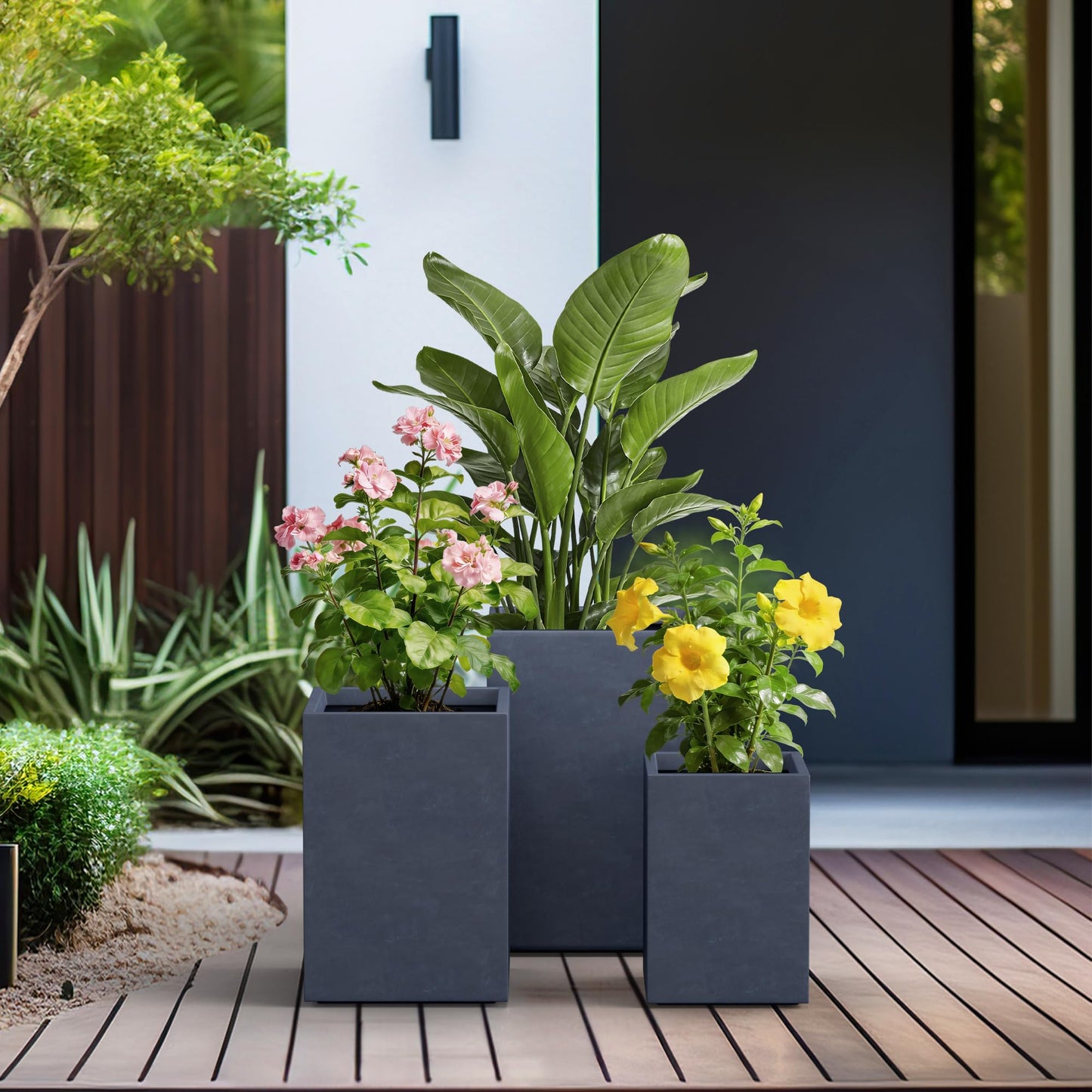 Kante 18.5",15.7",12.6" H Tall Rectangular Concrete Planters Set of 3, Outdoor Indoor Lightweight Plant Pots with Drainage Hole and Rubber Plug, Modern Style for Home Garden Patio, Charcoal