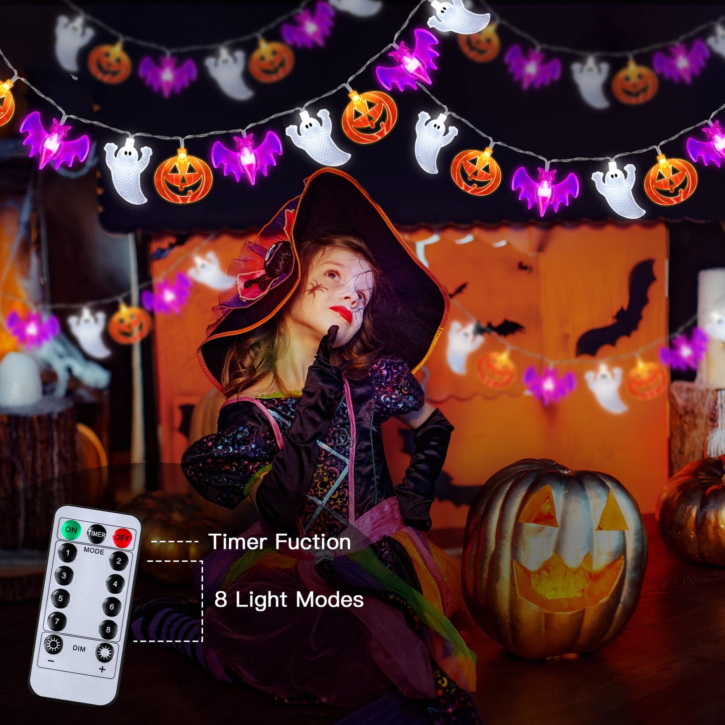 2 Pack Halloween Lights Indoor Outdoor Decorations Total 40FT 60 LED Pumpkin Bat Ghost Halloween String Lights Battery Operated, 8 Modes Waterproof Spooky Fairy Lights Home Yard Window Outside Decor