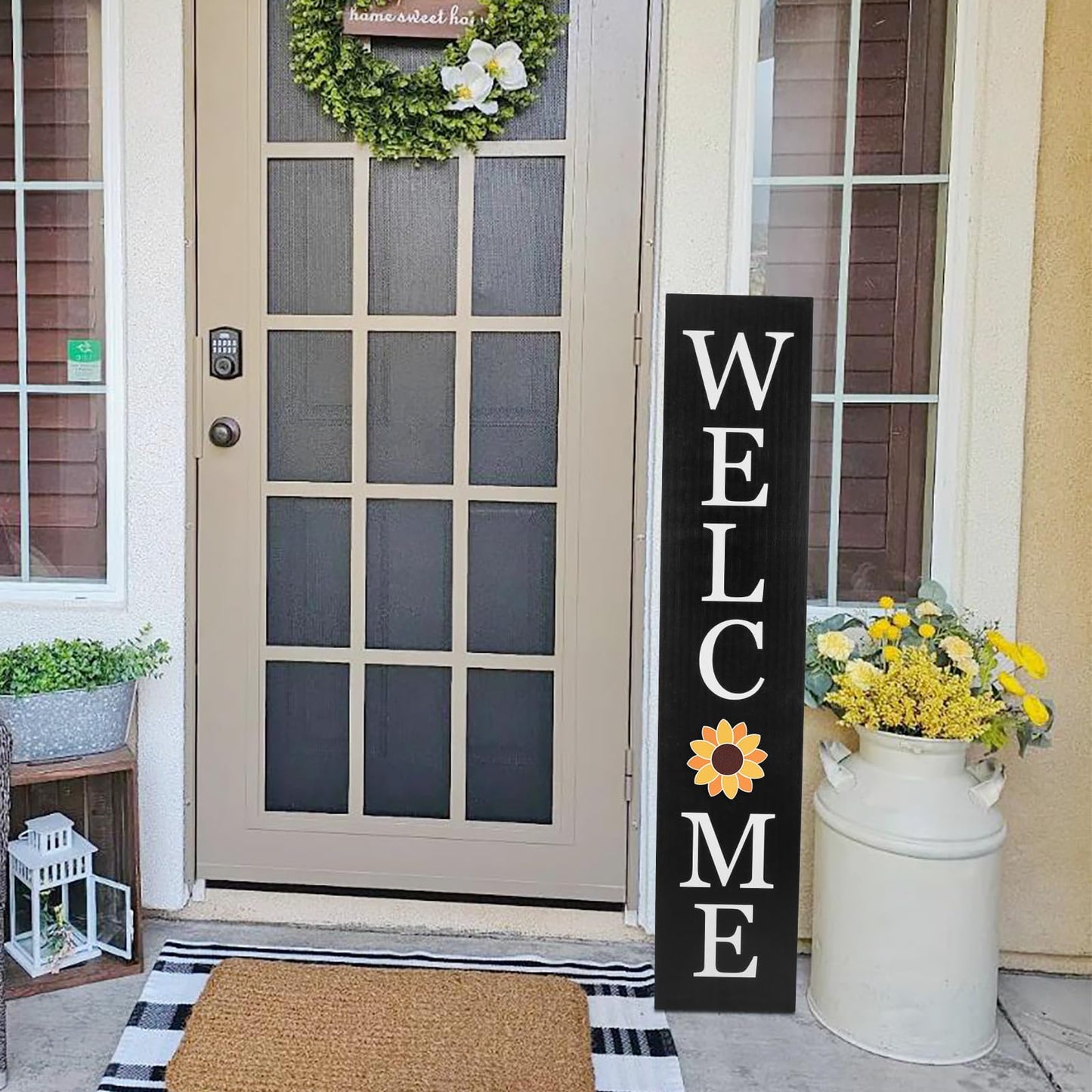Interchangeable Welcome Sign for Front Porch- 45"X9" Large Standing/Hanging Wooden Sign with 12 PCS Replaceable Icons for 4th of July Fall Halloween Porch Wall Yard Decorations (Black)