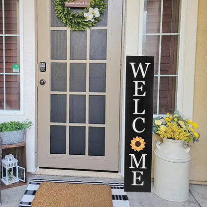 Interchangeable Welcome Sign for Front Porch- 45"X9" Large Standing/Hanging Wooden Sign with 12 PCS Replaceable Icons for 4th of July Fall Halloween Porch Wall Yard Decorations (Black)