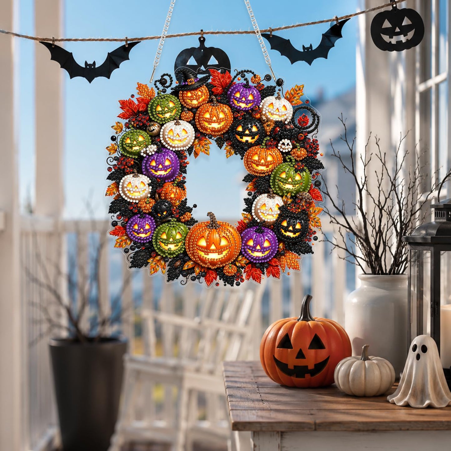 Yunzlly DIY Hanging Halloween Diamond Art Pendant Kit, Special Crystal Pumpkin Diamonds Painting Ornament Kit for Adults Acrylic Board Gem Painting Kit (Pumpkin Wreath)