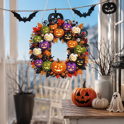 Yunzlly DIY Hanging Halloween Diamond Art Pendant Kit, Special Crystal Pumpkin Diamonds Painting Ornament Kit for Adults Acrylic Board Gem Painting Kit (Pumpkin Wreath)