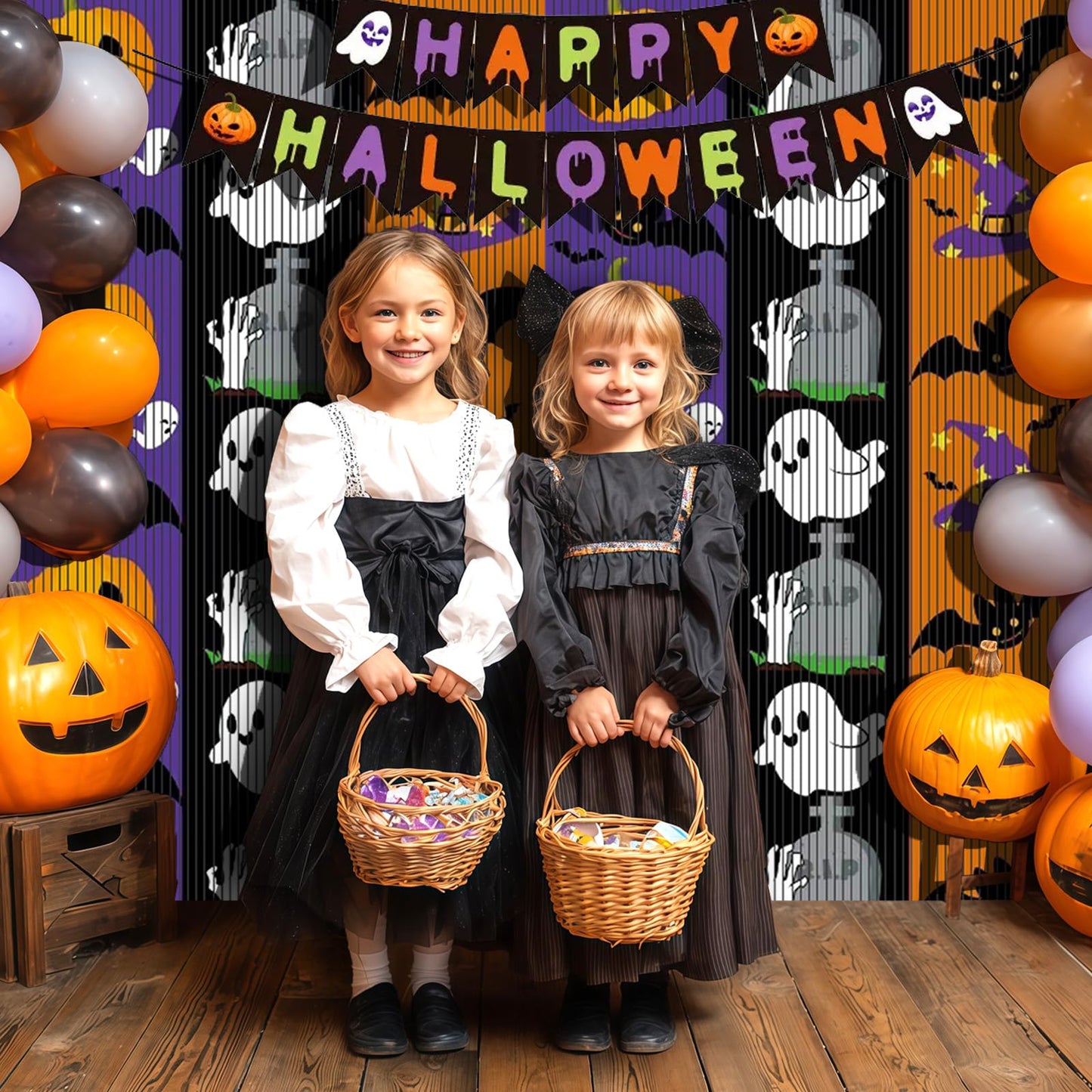OQOQ Halloween Party Decorations Backdrops, 2 Pcs 3.3x6.6 Ft Tinsel Foil Fringe Curtains & 1 Pcs Happy Halloween Banner, Streamer Large Photo Booth Props Indoor Party Decor