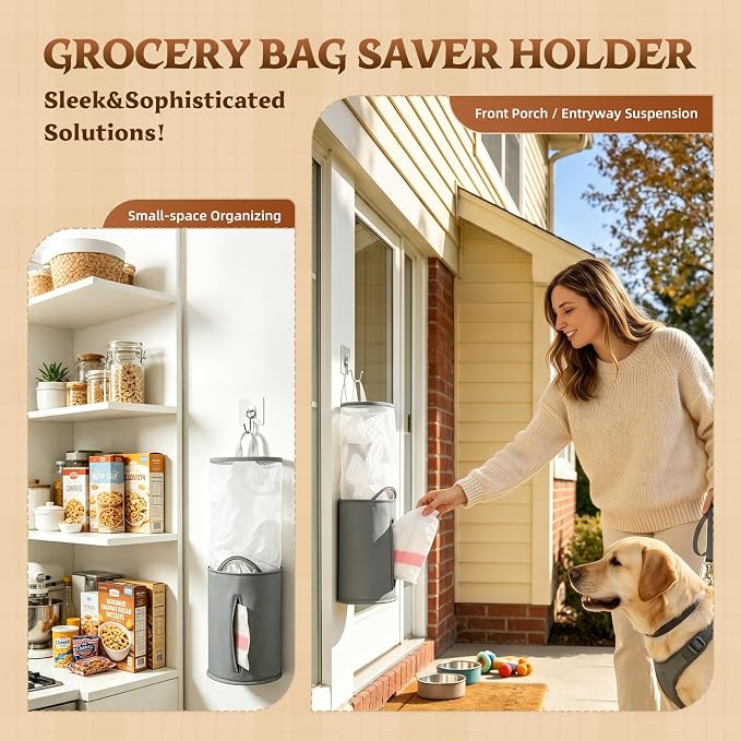 HOUSE AGAIN Bag Saver-Extra Large Plastic Bag Holder Dispenser, Organizer for Grocery Trash Roll,Oxford Machine Washable-Daily Storage Solution for Kitchen/Bathroom/Laundry (Deep Grey-2 pcs)