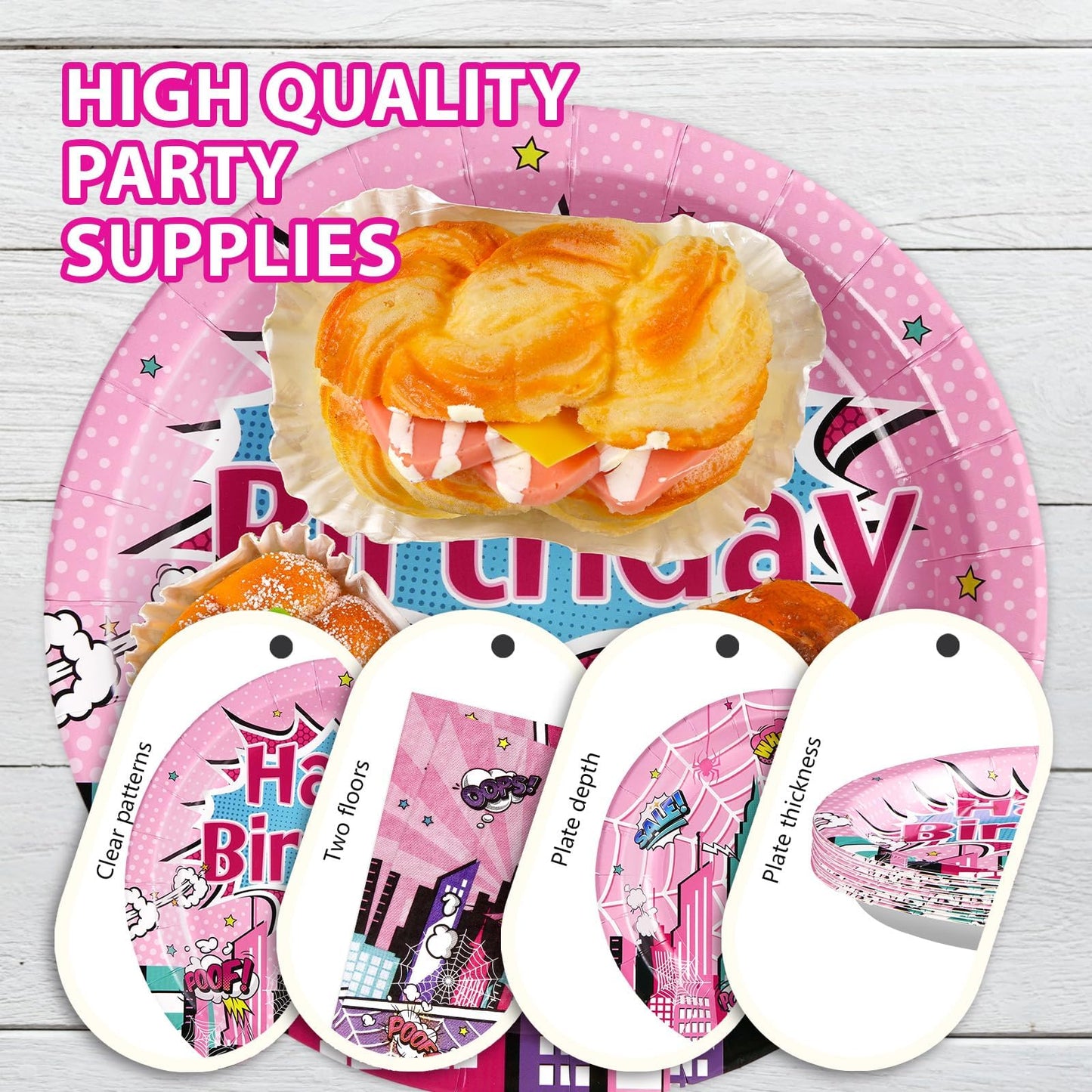 Grencian 96 Pcs Pink Spider Birthday Party Supplies Super Girl Hero Paper Plates and Napkins Spider Pink Ghost Decorations Tableware Set for Girls Birthday Baby Shower Serves 24