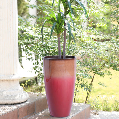 SE SUN-E Outdoor Planter 21" Tall Planters Gardening Pots with Insert Shelf Accessories Weather-Resistant Plastic Flower Pot Front Porch Decor, Tan to Burgundy Gradient