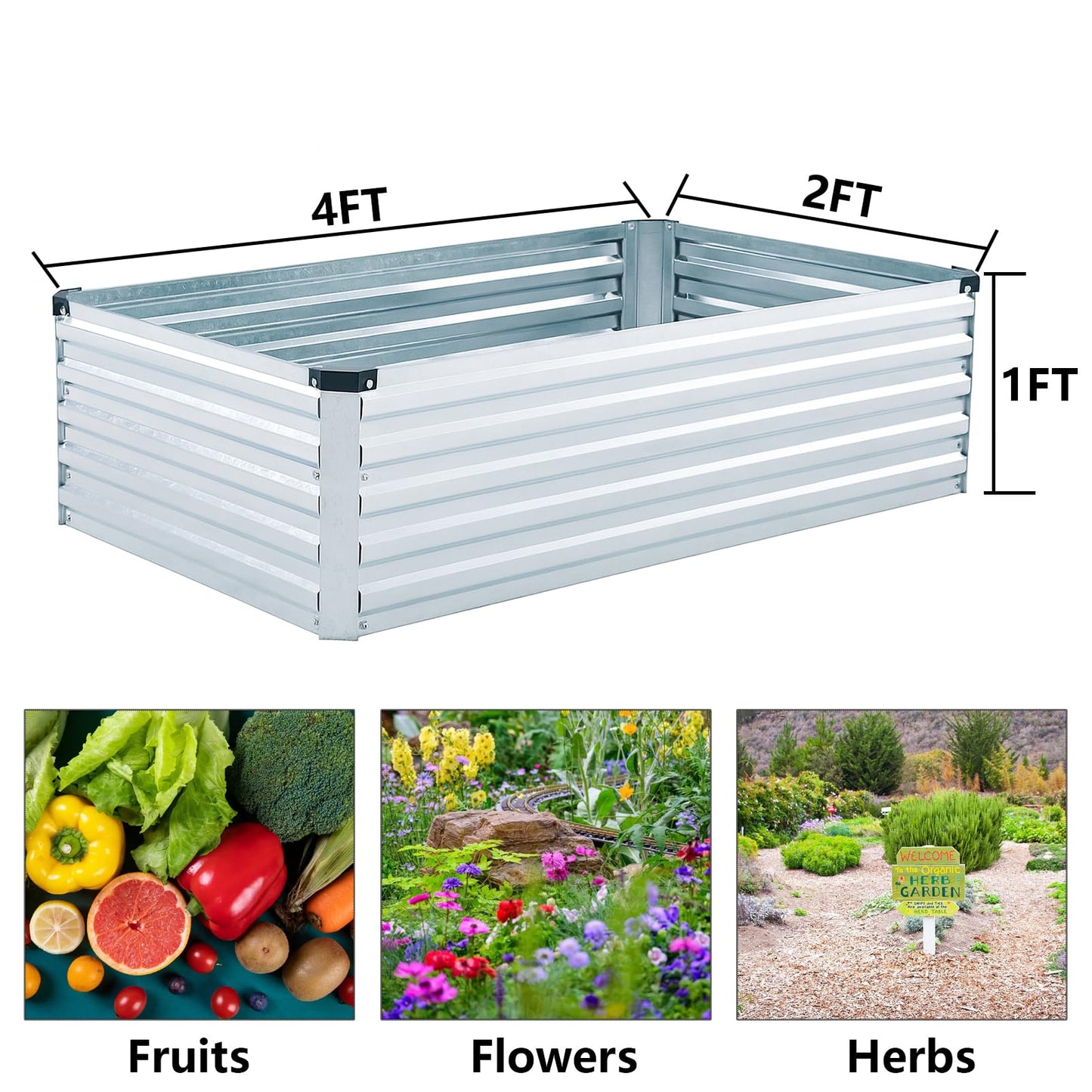 Meberam 2 Pack 12x4x1FT Galvanized Raised Garden Beds Kit Outdoor Metal Gardening Planter Box for Vegetable Elevated Flower Herbs,Silver