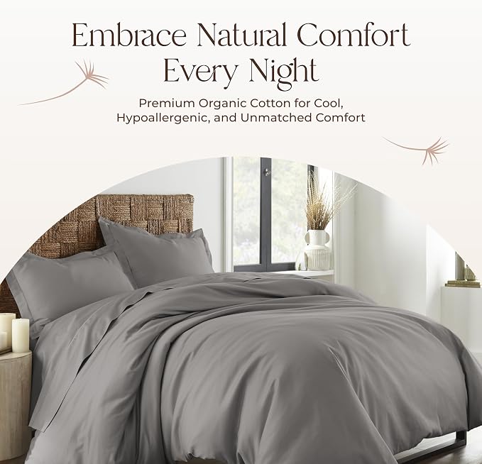 100% Organic Cotton Duvet Cover King Size - Naturally Soft Lightweight & Cooling Duvet Cover Set with Decorative Shams - Premium GOTS Certified 300 Thread Count Sateen Weave (Stone, King)