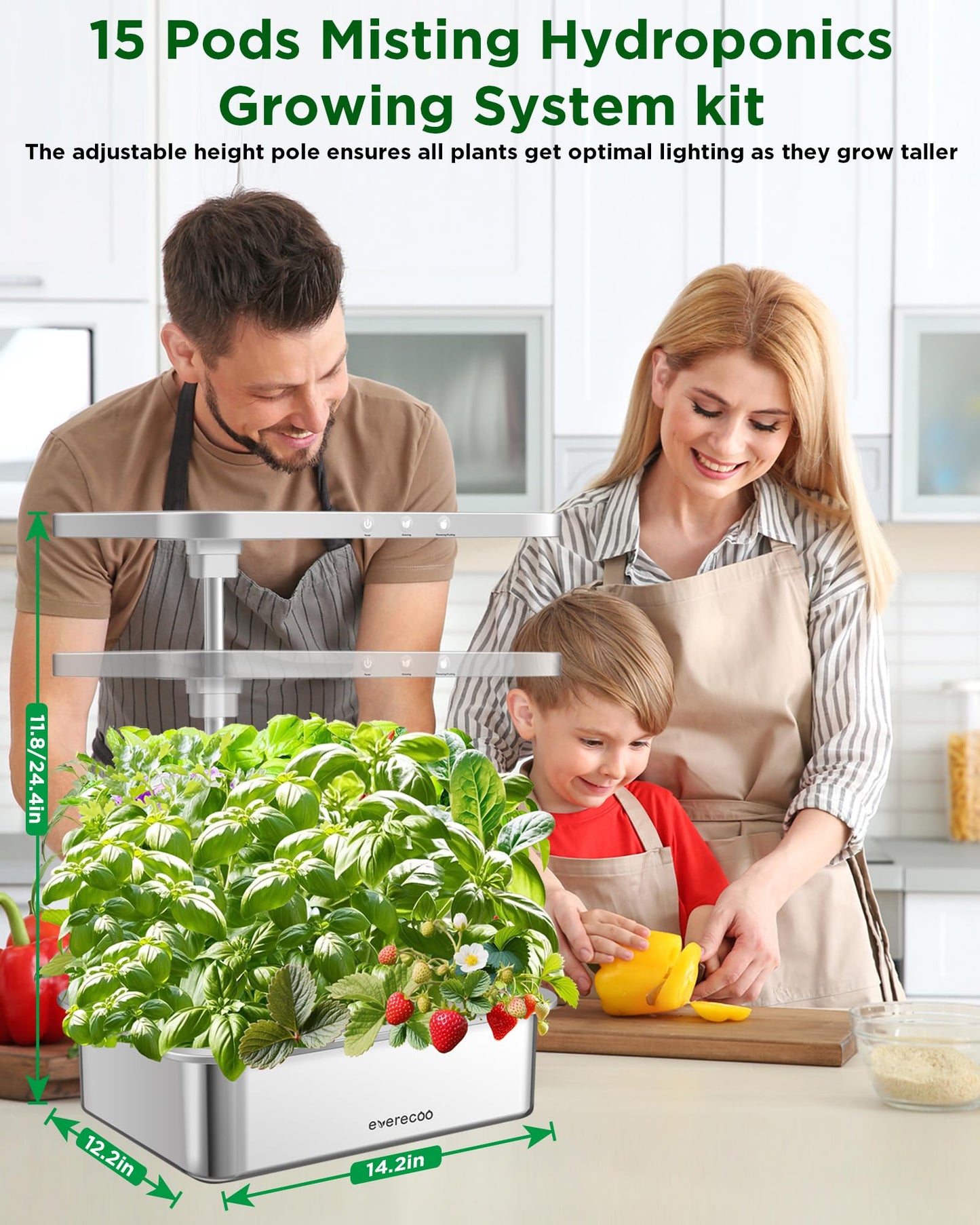 Stainless Steel Hydroponics Growing System Kits, Controlled Smart Indoor Garden with LED Grow Light Full Spectrum, 15 Pods Plant Germination Kit, with Quiet Pump,for Vegetables Herbs,Gardening Gifts