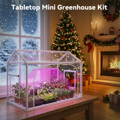 Mini Greenhouse with Grow Light & Timer & Hygrothermograph, 30"x16"x20" Indoor/Outdoor Tabletop Greenhouse with 96 LEDs Dimmable Full-Spectrum Lights (3 Colors), for Houseplants,Seedlings, Outside