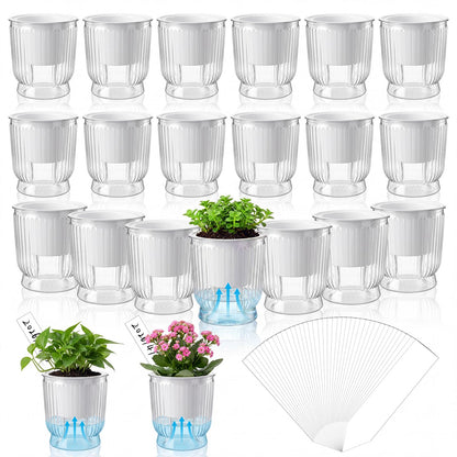 Ferrochef 20 Sets 4 Inch Self Watering Pots Bulk Small Plant Pots with Inner Reservoir, Clear Self Watering Wick Planter Plastic Plant Labels for Indoor Succulents Herbs Flowers Pothos