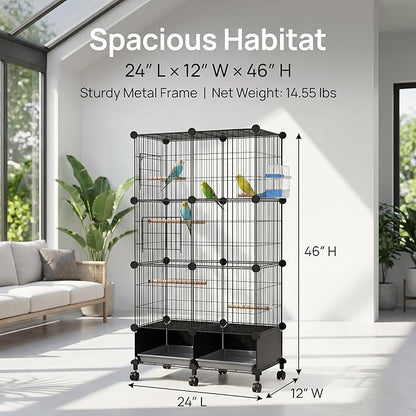 Large Bird Cage with Rolling Stand, 46x24x12 Inch Flight Cage for Parakeets, Cockatiels, Conures, Metal Wire Cage with Wooden Perches, Feeders, Wheels, Black