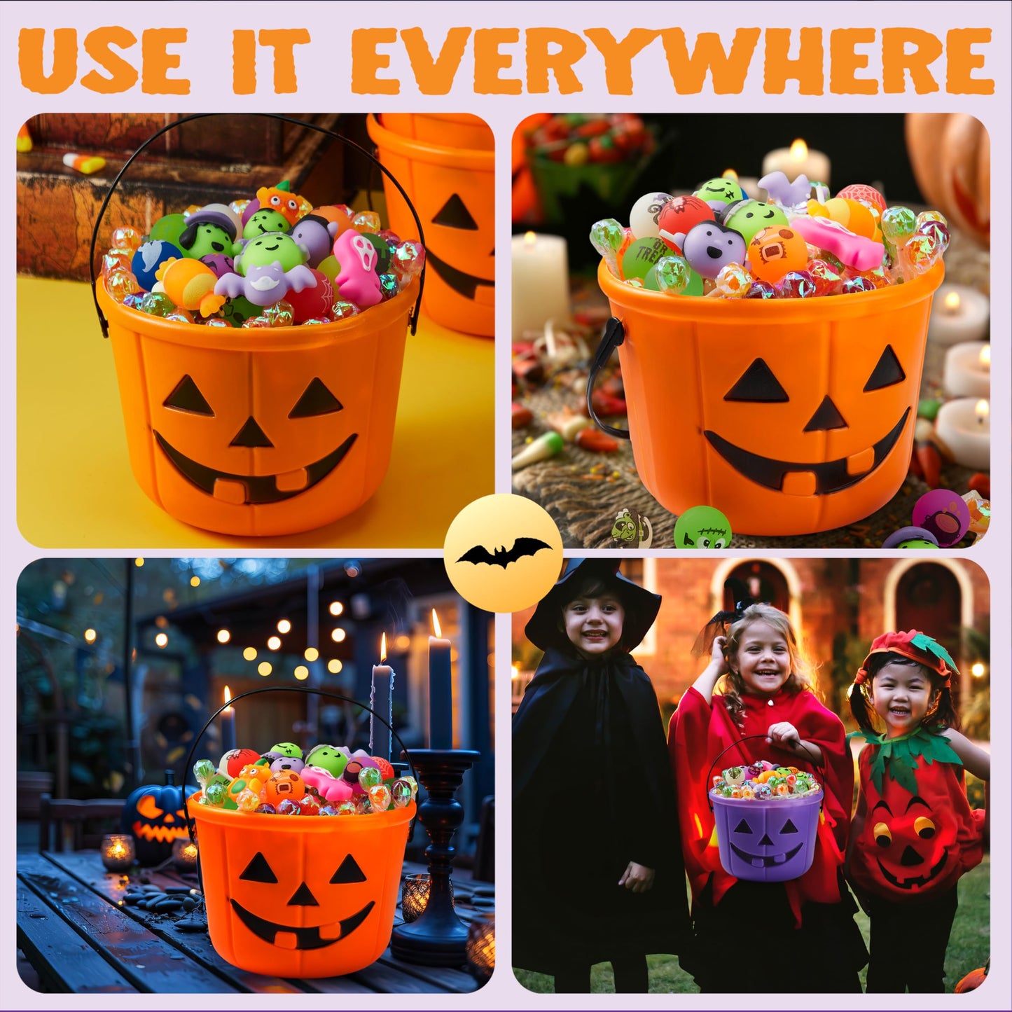 JOYIN 6PCS Halloween Trick or Treat Pumpkin Bucket, Orange Plastic Candy Bucket for Trick or Treating, Black Purple Jack O Lantern Basket and Pails with Handle for Kids Halloween Party Favor Supplies