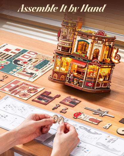 ROKR Dream Coffee Factory, Wooden Music Box Model, Mechanical 3D Wooden Puzzles for Adults, Building Kit with Moving LED Lights, Miniature House Kits, Desk Decor Gift