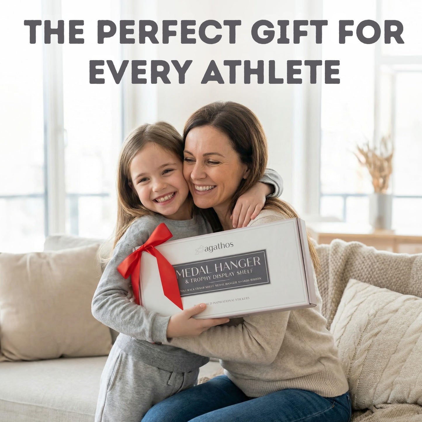 AGATHOS HOME White Medal Hanger Display with Shelf - Award Rack Trophy Shelf for Walls Holds 64+ Sports Medals - Never Give Up Wall Medal Holder for Gymnastics, Soccer, Marathon, Swimming, Soccer