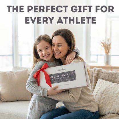 AGATHOS HOME White Medal Hanger Display with Shelf - Award Rack Trophy Shelf for Walls Holds 64+ Sports Medals - Never Give Up Wall Medal Holder for Gymnastics, Soccer, Marathon, Swimming, Soccer