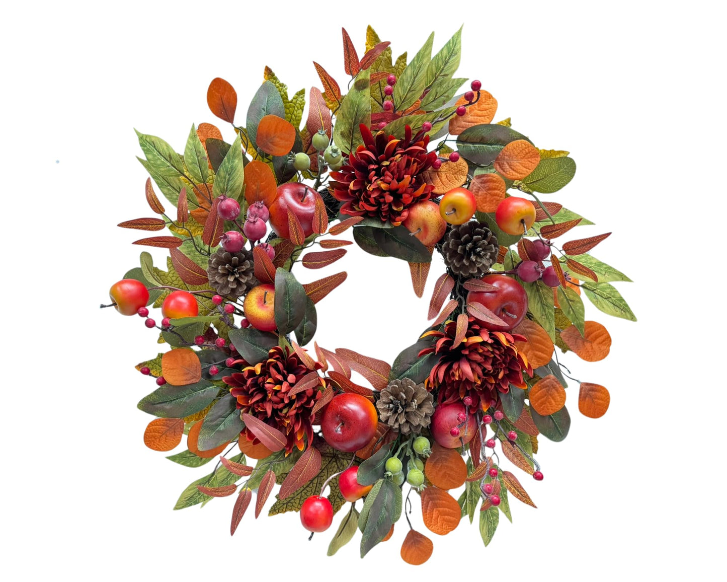 Svndlyn 22 Inch Fall Chrysanthemum Wreath Harvest Floral Wreath with Apples Pinecones Berries and Eucalyptus Maple Leaves for Fall Thanksgiving Halloween Mantel Table Outdoor Front Door Wall Window