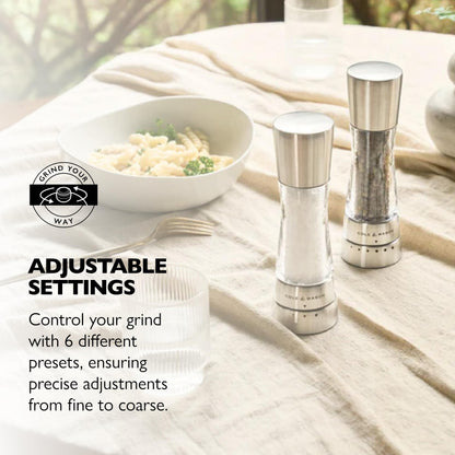 Cole & Mason Derwent Salt & Pepper Grinder Set with Tray - Salt & Pepper Grinder Set with Adjustable Grind Settings - Easily Refillable Spice Mills for Enhanced Taste - Stainless Steel