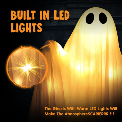 JOYIN 2 Pcs 47” Halloween Light up Hanging Ghost Decorations Outdoor, Halloween Flying Hanging Ghosts with Warm LED Lights and Timer for Haunted House Prop Front Yard Patio Party Decor Indoor Outdoor