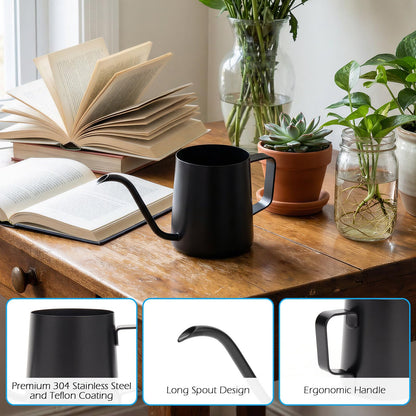 350ml Small Watering Can for Indoor Plants, 12oz Mini Plant Watering Pot with Long Spout and Handle, Black Tiny Stainless Steel Watering-Can for Outdoor Indoor Plants Flower Garden