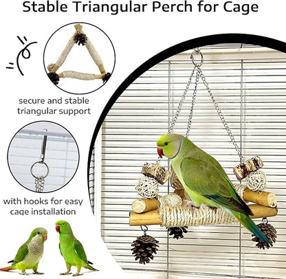 Large Bird Swing for Cage with Chew Toys, 3 Sisal-Wrapped Bird Perches & Stable Triangle Design, Wooden Hanging Quaker Toy Swing for Medium-Sized Bird Cockatiel Ring-Necked Caique Balance Training (L)