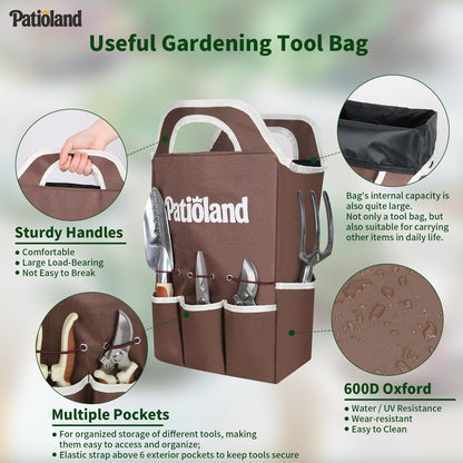 10-Piece Garden Tool Set, Brown Gardening Hand Tools Kit with Ergonomic Non-Slip Handles, Heavy Duty Rust-Proof Aluminum Tools, Organizer Tote Bag & Gloves, Ideal Gardening Gifts for Women and Men