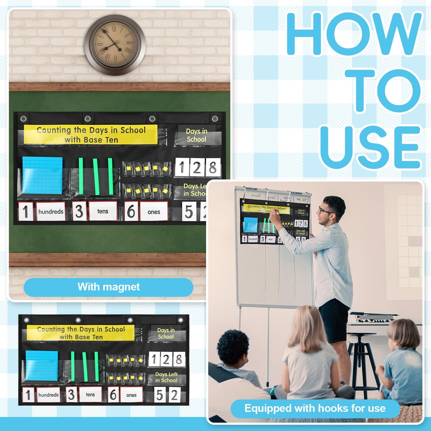 Resurhang Back to School Counting the Days with Base Ten Pocket Chart Place Value, Counting Caddie Pocket Chart for Classroom Bulletin Board School or Home Decor, 4 Hooks(Black,Classic Style)