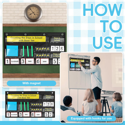 Resurhang Back to School Counting the Days with Base Ten Pocket Chart Place Value, Counting Caddie Pocket Chart for Classroom Bulletin Board School or Home Decor, 4 Hooks(Black,Classic Style)